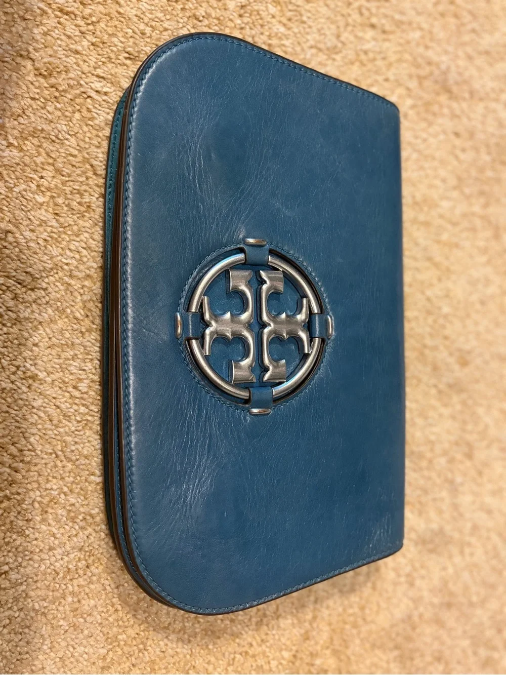 Tory Burch Teal-Blue Leather Logo Clutch